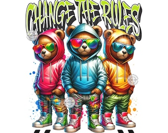 Hiphopbjörn PNG, cool nallebjörn Clipart för sublimering DTF, ändra reglerna grafik, streetwear djurkonst, urban streetwear digital nedladdning