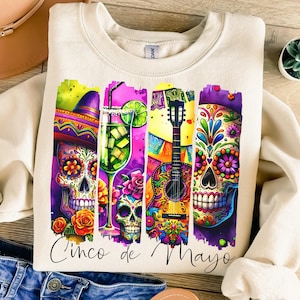 Camiseta PNG de cinco de mayo, diseño de sublimación y DTF, descarga digital, PNG de moda, diseño de camiseta PNG, calavera de azúcar mexicana, Cinco PNG