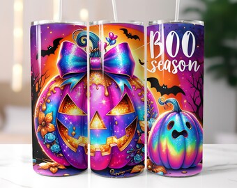Boo Season Pink Halloween Neon 20 oz Skinny Tumbler Sublimation Design PNG, Pumpkin Tumbler Wrap, Retro Ghost Halloween Tumbler Wrap Design