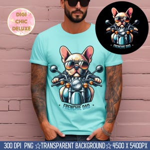 Puede incluir: Una camiseta azul claro con un gr&aacute;fico de un bulldog franc&eacute;s con gafas de sol y conduciendo una motocicleta. El texto "Frenchie Dad" est&aacute; impreso debajo del gr&aacute;fico.