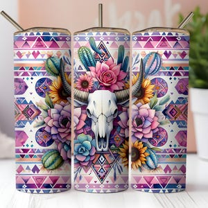 Aztec Boho Bull Skull 20oz Tumbler Wrap, 20 oz Western Cow Skull Sublimation Design, Rustic Watercolor Cactus Tribal Pattern Tumbler Wrap