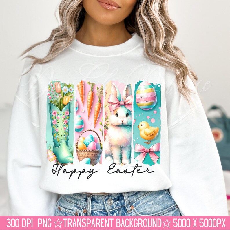 May include: A white sweatshirt with a colorful Easter design. The design features a bunny, carrots, eggs, a chick, and a pair of boots. The text "Happy Easter" is written in black at the bottom of the design.
