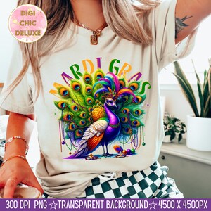 マルディグラ ピーコック クリップアート シャツ昇華デザイン、デジタル PNG インスタントダウンロード デジタルのみ、T シャツ PNG デザイン、ニューオーリンズ パーティー PNG