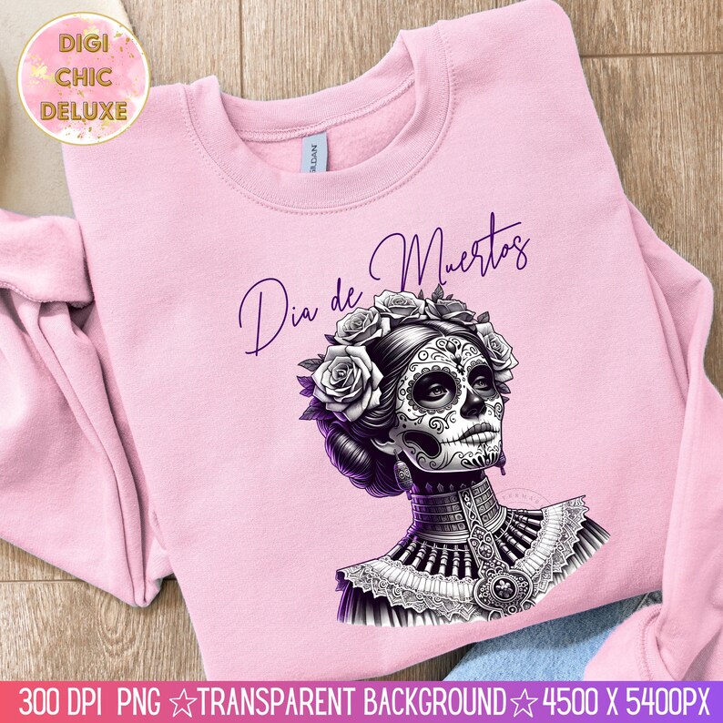 Trendy Elegant Dia de Los Muertos sugar skull woman PNG design with detailed black, purple and white sugar skull face paint, vintage floral crown of roses, gothic makeup, and ornate Mexican dress. Perfect for Day of the Dead shirt, Mexican heritage gifts, calavera wall art, skeleton costume, Latinx celebration tee, dark feminine design, tattoo-style illustration, and vintage mexican aesthetic lovers. Ideal for October and November events.