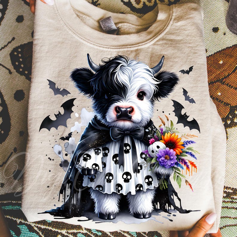 Adorable baby Highland cow in a black skull cape and spooky dress, holding a colorful fall bouquet with a skull plush. This cute Halloween cow PNG design is perfect for sublimation, fall clipart, kids Halloween shirt designs, printable wall art, spooky cute decor, cow lover gifts, and gothic autumn apparel. Great for tees, sweaters, mugs, and farmhouse Halloween crafts.