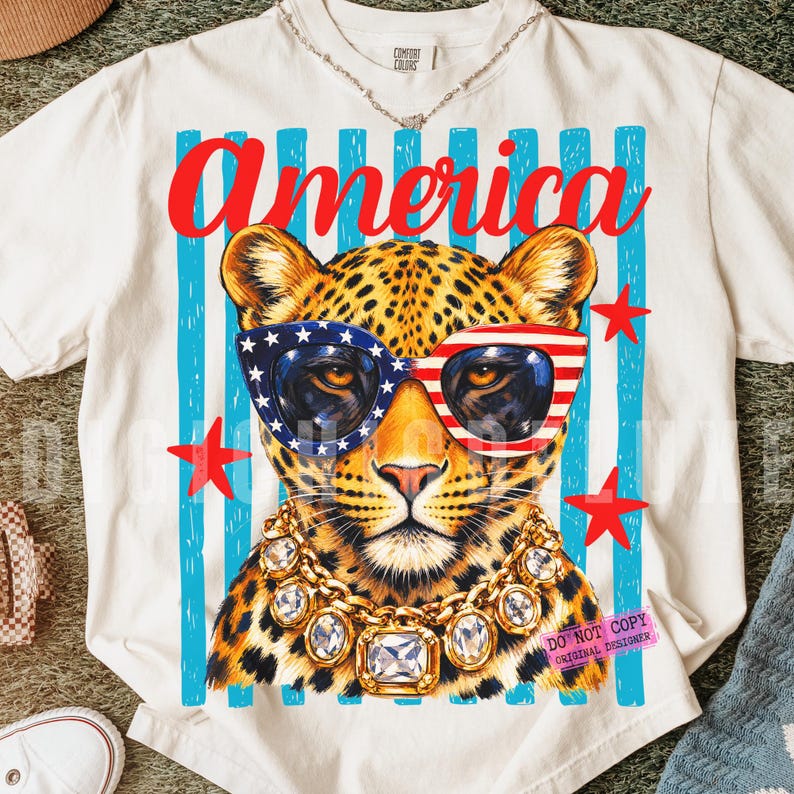 Patriotic leopard PNG design featuring glamorous leopard wearing American flag sunglasses and chunky gold jewelry on retro blue striped background. Trendy USA coquette animal graphic perfect for 4th of July shirts, patriotic apparel, summer vacation tees, western glam fashion, Independence Day party outfit, leopard lover gift, sublimation PNG, DTF transfer, print on demand design, tumbler wrap, mug design, wall art printable, boutique graphic tee, trendy Americana aesthetic clipart.