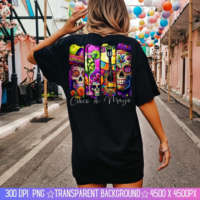 May include: Black t-shirt with a colorful design featuring a guitar, skulls, and the text "Cinco de Mayo".