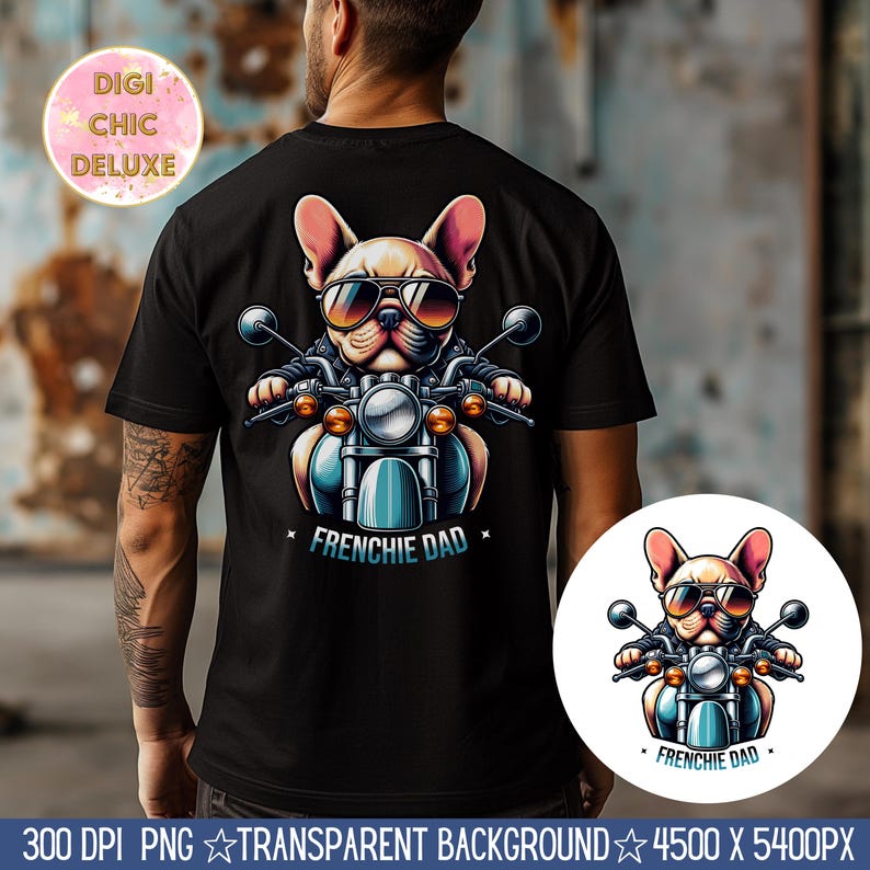 Puede incluir: Una camiseta negra con un gr&aacute;fico de un bulldog franc&eacute;s con gafas de sol y conduciendo una motocicleta. El texto "Frenchie Dad" est&aacute; impreso debajo de la imagen.