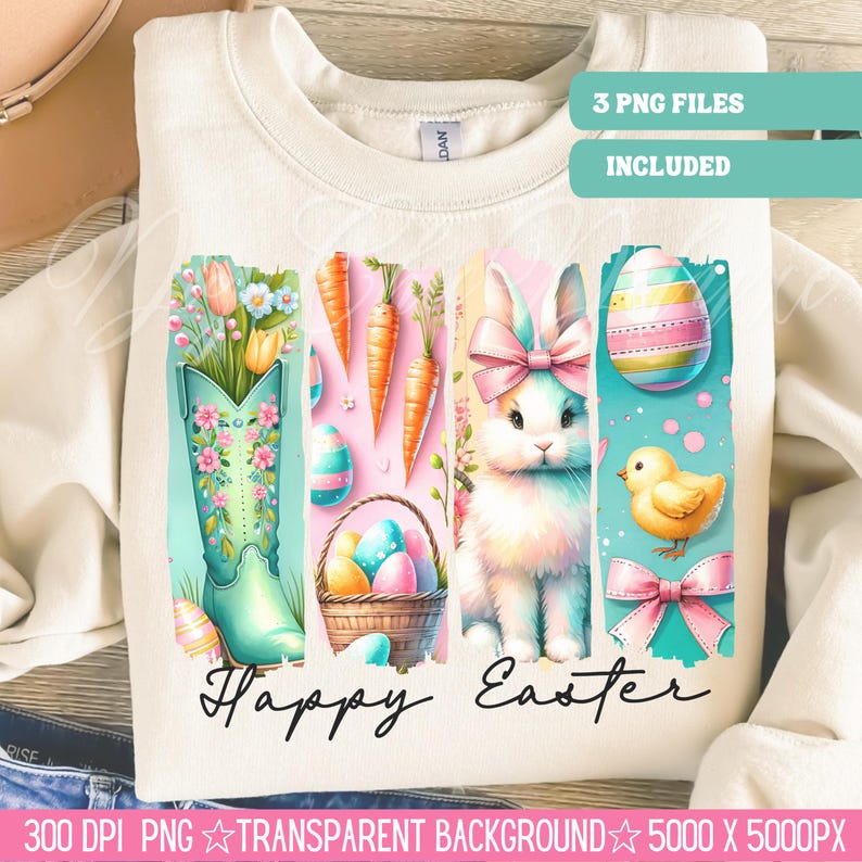 May include: A digital design featuring a pastel colored Easter scene with a bunny, carrots, a boot with flowers, and Easter eggs. The text "Happy Easter" is written in black script.