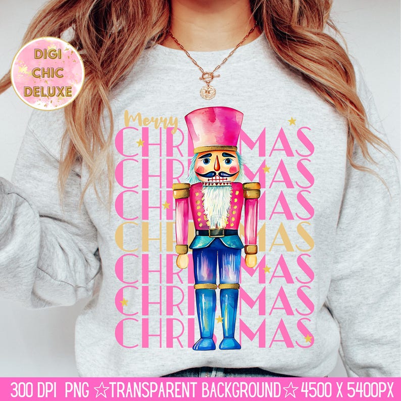 Hand-painted watercolor nutcracker soldier Christmas PNG design in vibrant pink, gold, and blue with festive stars and layered “Merry Christmas” lettering. Perfect for holiday shirts, Christmas party outfits, Nutcracker ballet gifts, winter home décor, festive wall art, seasonal apparel, cozy holiday decorations, and Christmas gift ideas for women and kids.