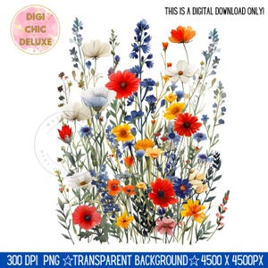 May include: A digital download of a watercolor illustration of a bouquet of wildflowers. The bouquet features red, yellow, white, and blue flowers with green stems and leaves. The background is transparent.