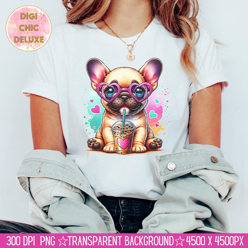 May include: A white t-shirt with a cartoon image of a French bulldog wearing pink heart-shaped sunglasses and drinking a pink and white iced beverage. The background is a colorful watercolor design with pink hearts.