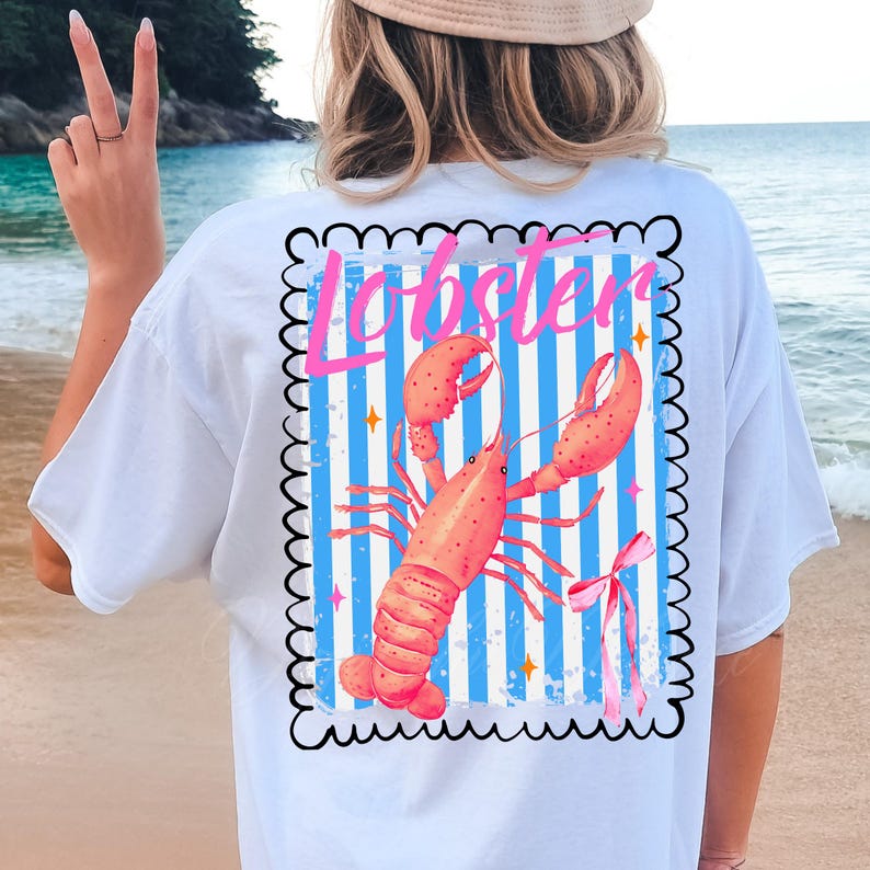 Bold watercolor lobster design with pink bow on nautical blue and white stripes — perfect for coastal cowgirl aesthetic, seafood lovers, Maine lobster festival gifts, retro summer beach vibes, ocean-themed apparel, and girly cottagecore fans. Trendy crustacean print for quirky fashion, East Coast preppy style, Y2K nautical chic, or seaside travel souvenir. Great for lobster parties, boating outfits, or colorful graphic tees with a fun foodie twist.