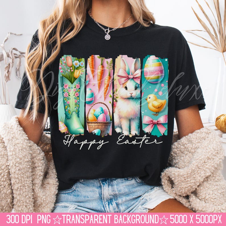 May include: Black t-shirt with a graphic design of a bunny, boots, and eggs. The graphic has the text "Happy Easter" on it.