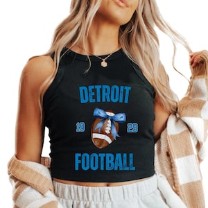 Cute Detroit Football Women’s Crop Tank Top Cute Game Day Shirt with Blue Bow Lions Top Michigan Sports Tank for Her Trendy Tailgate Outfit