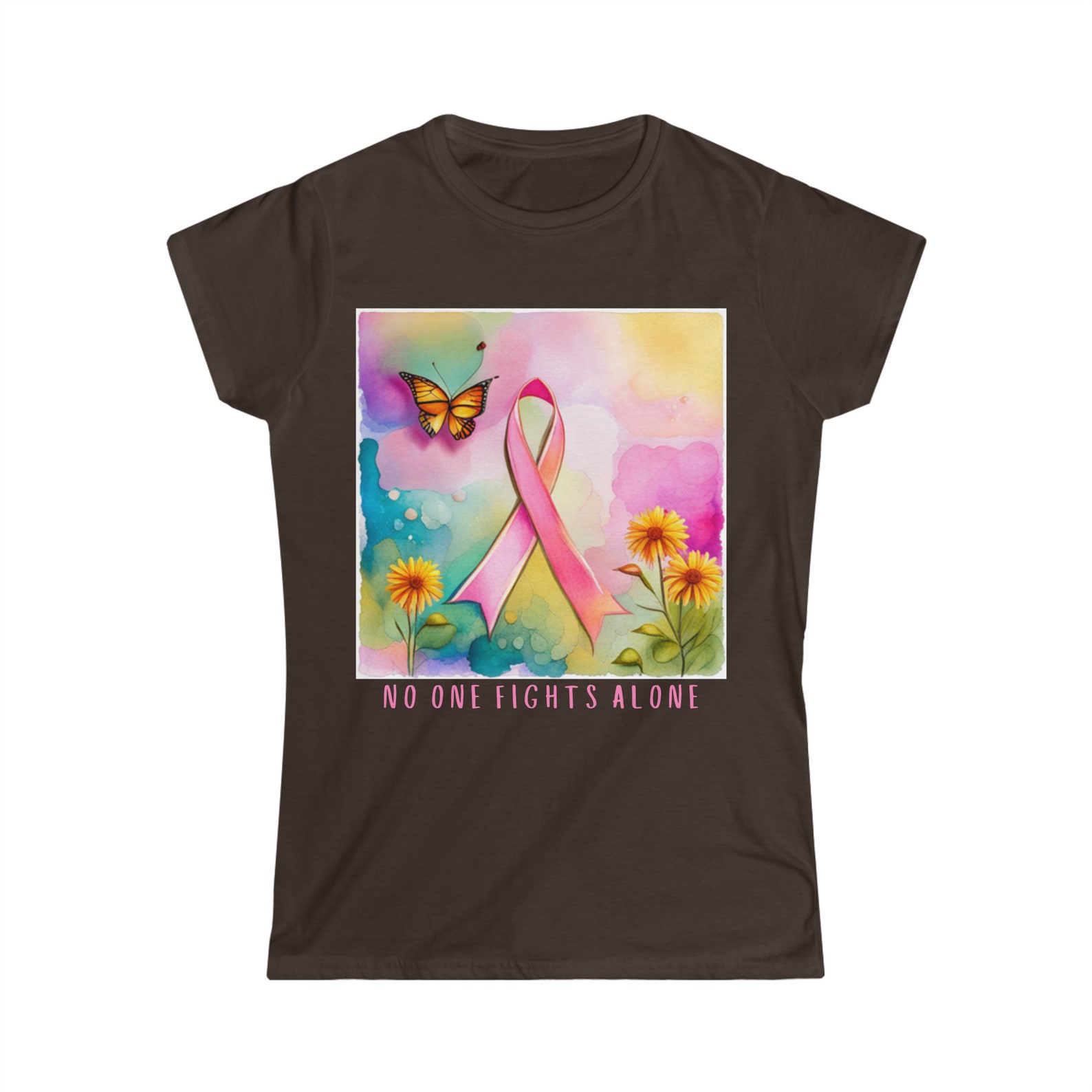 No One Fights Alone T-shirt, Watercolor Pink Ribbon T-shirt, Breast