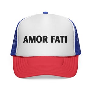 Amor Fati Trucker Cap Latin Quote Hat, Stoicism Philosophy Gift, Adjustable Vintage Mesh Hat, Nietzsche Fate Motto Cap for Men & Women
