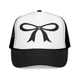 Zwarte coquette strik geborduurde foam trucker pet, stijlvolle snapback pet, perfect cadeau voor vrouwen, strik trucker pet, trendy geborduurde vlinderhoed