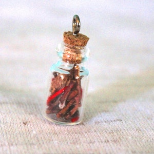 May include: A small, clear glass bottle pendant with a cork stopper and a silver-colored loop. The bottle contains brown and red dried elements. The pendant is likely a charm or a small decorative item.