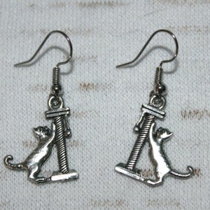 Cat with Scratching Post dangle earrings-Witch&#39;s Familiar-sorceress-enchantress-occultist-necromancer-hex-spell-crone-black magic-cauldron