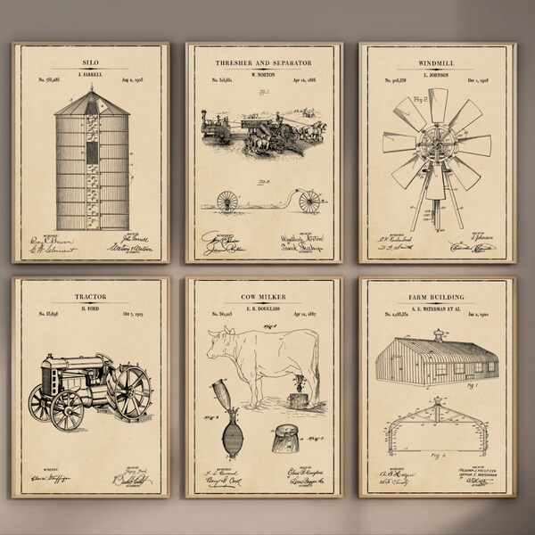 Farming Wall Art: Farm House Patent Prints, Vintage Agriculture Gift, Rustic Country Home, Barn Decor, Set Of 6 Blueprint Posters