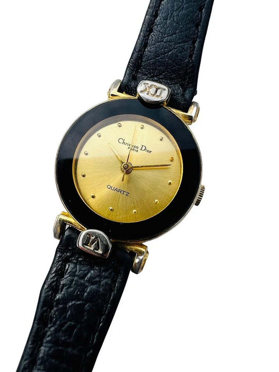 Christian Dior Watch Gold Black Wristwatch Round Leather Strap Metal ...