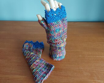 Vingerloze handschoenen, gehaakt, one size (grijs/kobalt blauw gemelleerd)