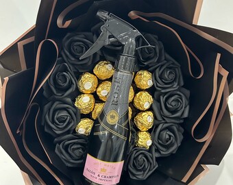 Rocher Blumenstrauß mit Sprühflasche in Sekt Optik, Geschenkidee,Geschenkidee Freundin,Geburtstagsgeschenk,Valentinstag,witziges Geschenk