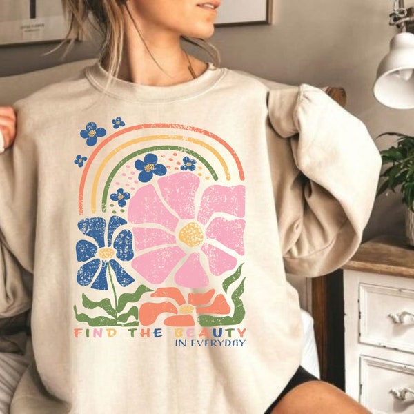 Boho Sweatshirt Wildblumen Pullover Frauen Floral Minimalist Pullover Blumen-Print Sweatshirt Frau Geschenk übergroße Blume Shirt