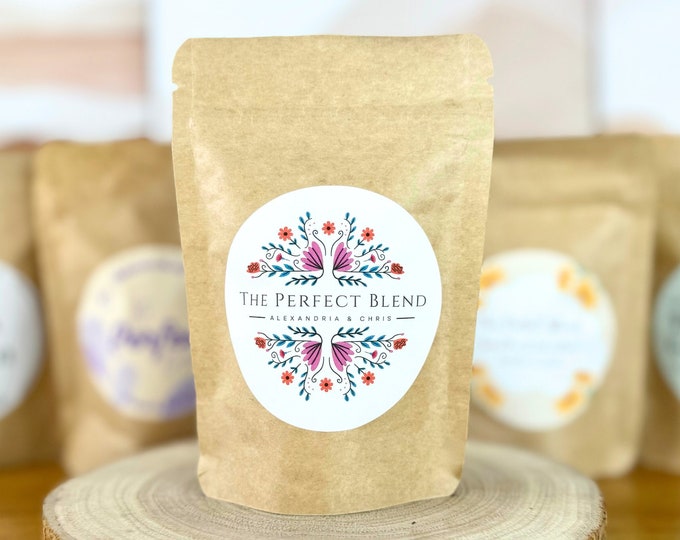 Featured listing image: The Perfect Blend Party Favors - FULLY ASSEMBLED - Wedding Gifts for Guests - Coffee Included - Customizable - Coffee Pouch - Gift Bags
