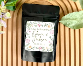 Love is Blooming Party Favors: Fully Assembled Gifts for Guests with Coffee and Custom Printed 3x3 Square High Gloss Labels