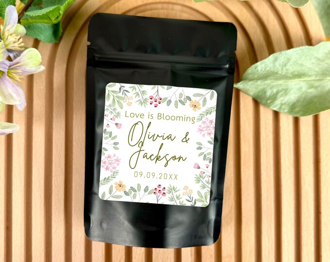 Featured listing image: Love is Blooming Party Favors: Fully Assembled Gifts for Guests with Coffee and Custom Printed 3x3 Square High Gloss Labels