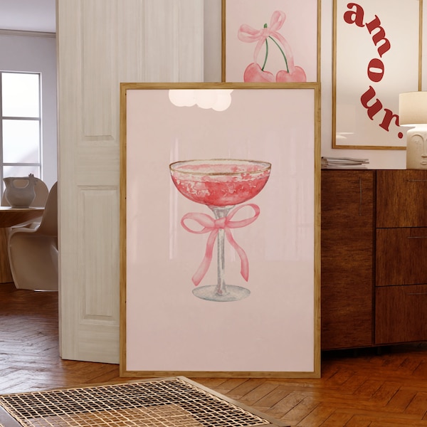 Pink cocktail print, girly wall art, alcohol, Coquette bow style, retro kitchen art, preppy room decor, girl cave poster, digital print