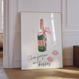 Champagne and kisses, coquette room decor, girly wall art, pink aesthetic wall decor, kisses poster, preppy room decor, digital download