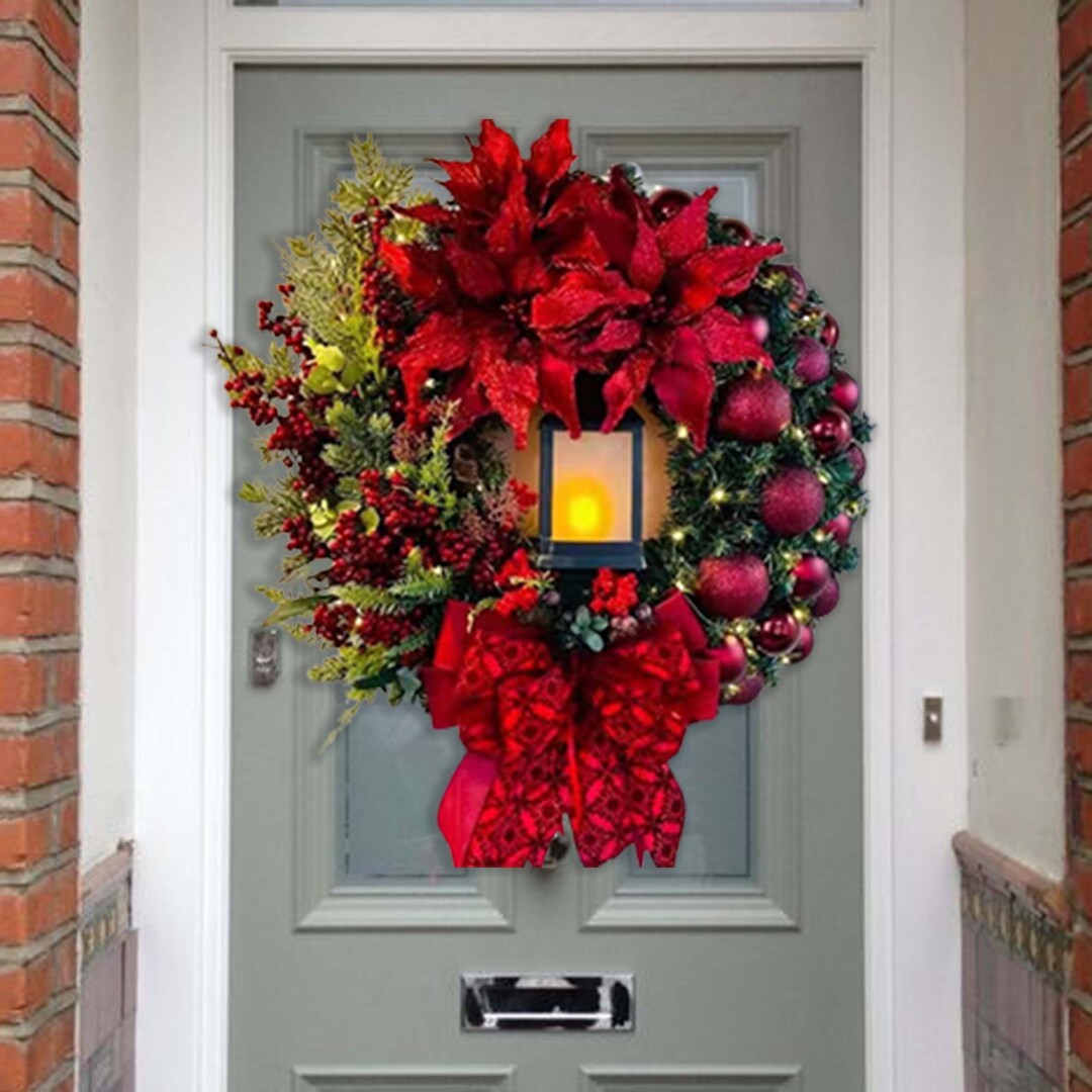 Lighted Christmas Wreath Front Door Hanging Wreath Christmas Etsy