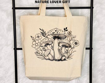 Mushroom Canvas Tote Bag: Cottagecore Market Bag with Zipper