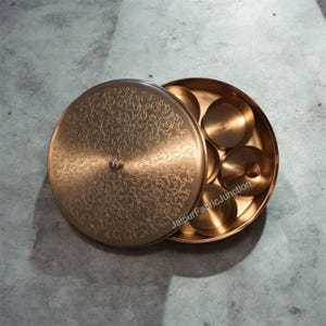 Handmade Brass Spice Box, 100% Vintage Indian Spice Box, Round Masala Storage Organizer, spice container, artisan crafted box.