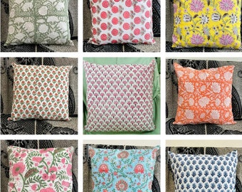 Indian Hand Block Printed Cotton Throw Pillow Cover for Farmhouse, Preppy, Boho, Home Décor, Floral, Decorative Couch Pillow