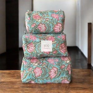 Large Cotton Quilted Block Printed Wash Bag | Ideal Gift | Handmade | Toiletry Bag | Cosmetic Bag Block Print Travel Accessory Holiday