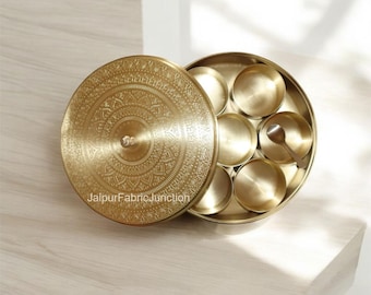 Pure Brass Handmade Spice Box Indian Style with Free spoon, Masala Dabba, Tea Box, Wedding gift, Kitchen Spice organizer