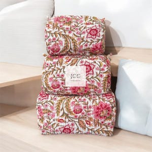 Borsa da toilette indiana fatta a mano in puro cotone con stampa a blocchi, grande borsa da toilette, borsa per il trucco colorata, borsa per cosmetici in tessuto trapuntato