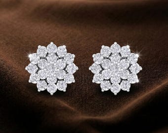 Lab Grown Diamond Round Cluster Flower Stud Earrings Solid Gold, Silver Jewelry Gift