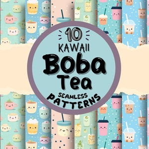 10 nahtlose Boba Tea Muster, digitaler Download, Designerpapier, kommerzielle Nutzung, digitales Pastellpapier, niedlicher Muster-Download, Bubble Tea Art