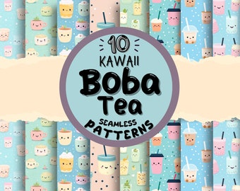 10 Kawaii Boba Tea Seamless Patterns: Pastel Digital Paper (Digital Download)
