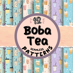 12 nahtlose Boba Tea Muster, digitaler Download, Designerpapier, kommerzielle Nutzung, digitales Pastellpapier, niedlicher Muster-Download, Bubble Tea Art