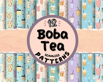 12 Boba Tea Seamless Patterns: Pastel Digital Paper (Digital Download)