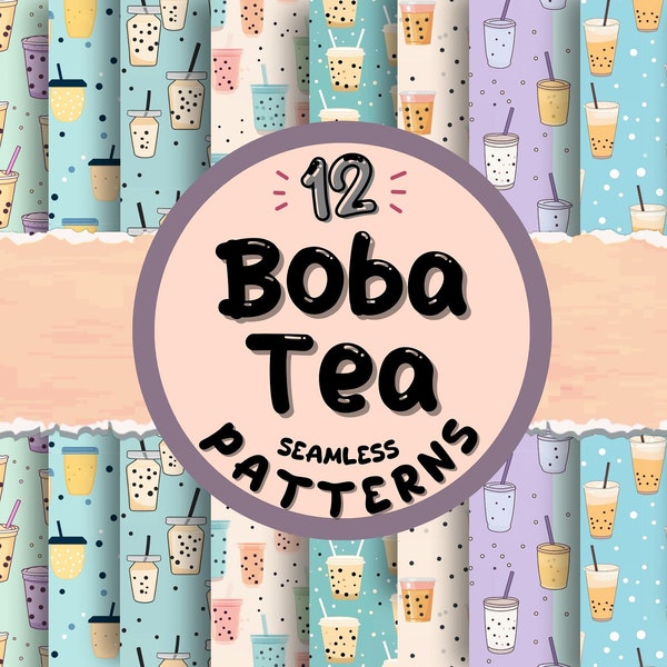 12 Seamless Boba Tea Patterns, Digital Download, Designer Paper, Commercial Use, Pastel Digital Paper, Cute Pattern download, Bubble Tea Art