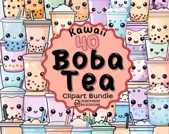 Kawaii Boba Tea Clipart: 40 PNG Image Bundle