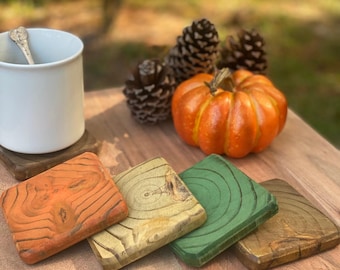 Fall Colors Handmade Reclaimed Wood Coaster Sets(4) – Weatherproof & Sealed, Indoor/Outdoor, Eco-Friendly