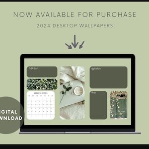 May include: A laptop screen showing a desktop wallpaper with a minimalist design. The wallpaper features sections for a to-do list, applications, and notes. A calendar for March 2024 is also visible. Text on the image reads "NOW AVAILABLE FOR PURCHASE" and "DIGITAL DOWNLOAD".
